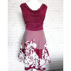 Burgundy Ivory Retro Floral Stripe 1-Pc Casual Dress